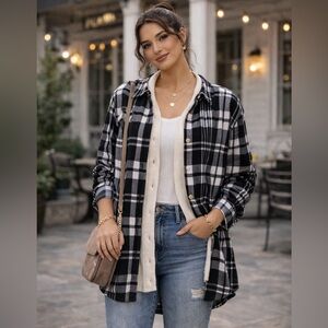 Jach’s Girlfriend NY|Women’s Plaid Button Down Shirt Jacket|black and white| XL|